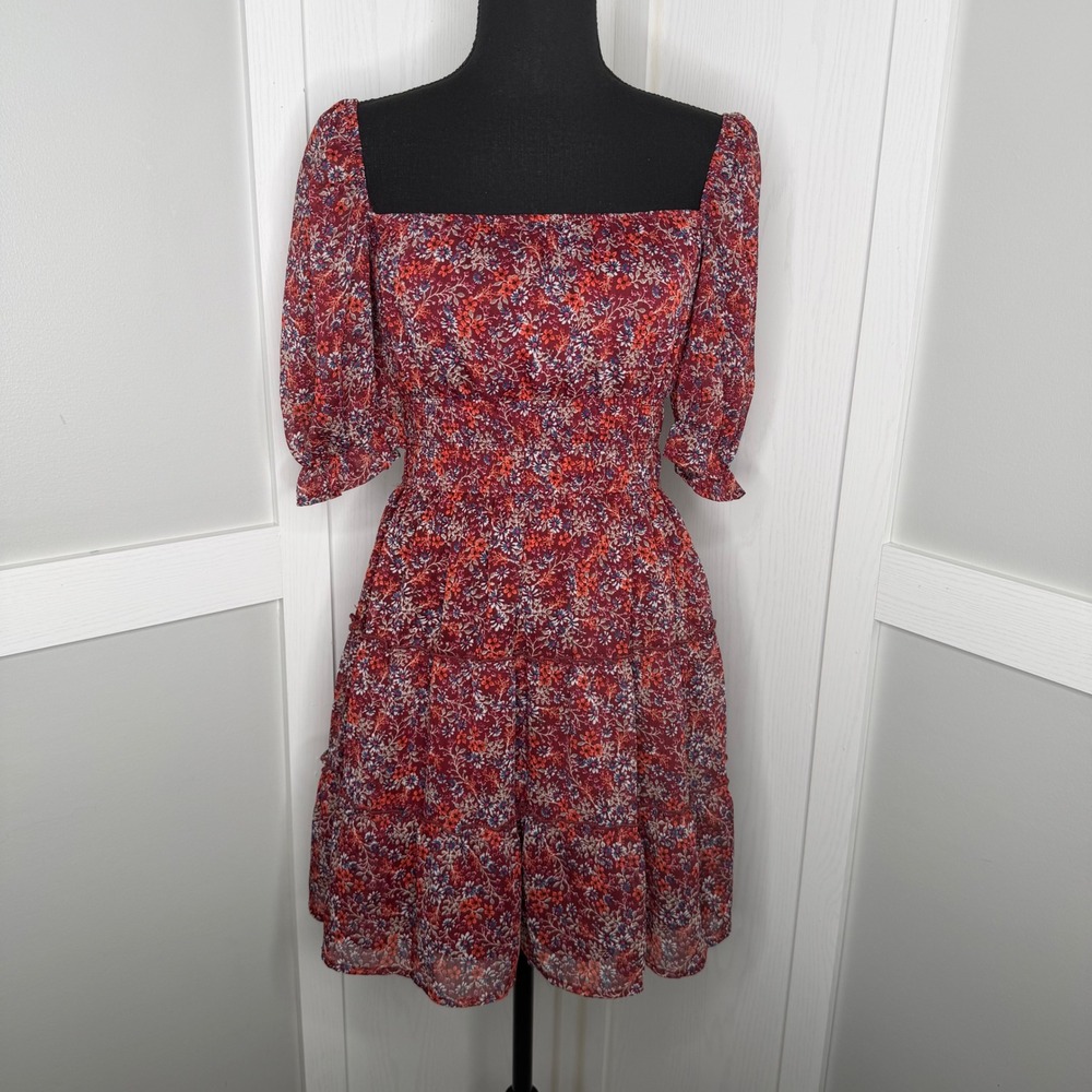 Trixxi Dress Women Small Burgundy Floral Smocked Tiered Ruffle 26X087MGWI